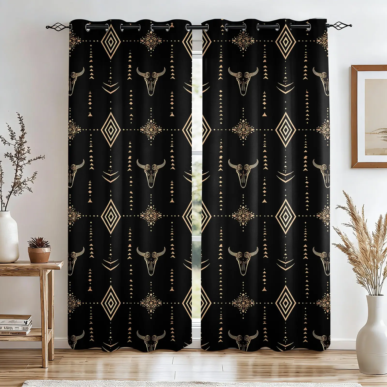 2 Panels Black Gold Bull Skull Aztec Curtains, Darkening Light Filtering Printed Window Drapes, Unique Western Stylish Home Decor Gift for Cowboy Lovers & Farmhouse Bedroom