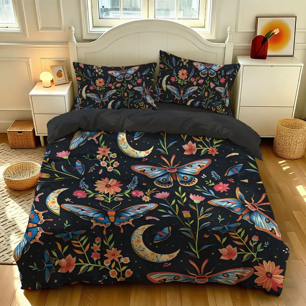 Boho Style Luna Moth Pattern Bedding Set for Teenagers, 3-Piece Twin Size, Warm All Seasons, Includes 1*Quilt Cover and 2*Pillowcase, Ideal for College Dorms