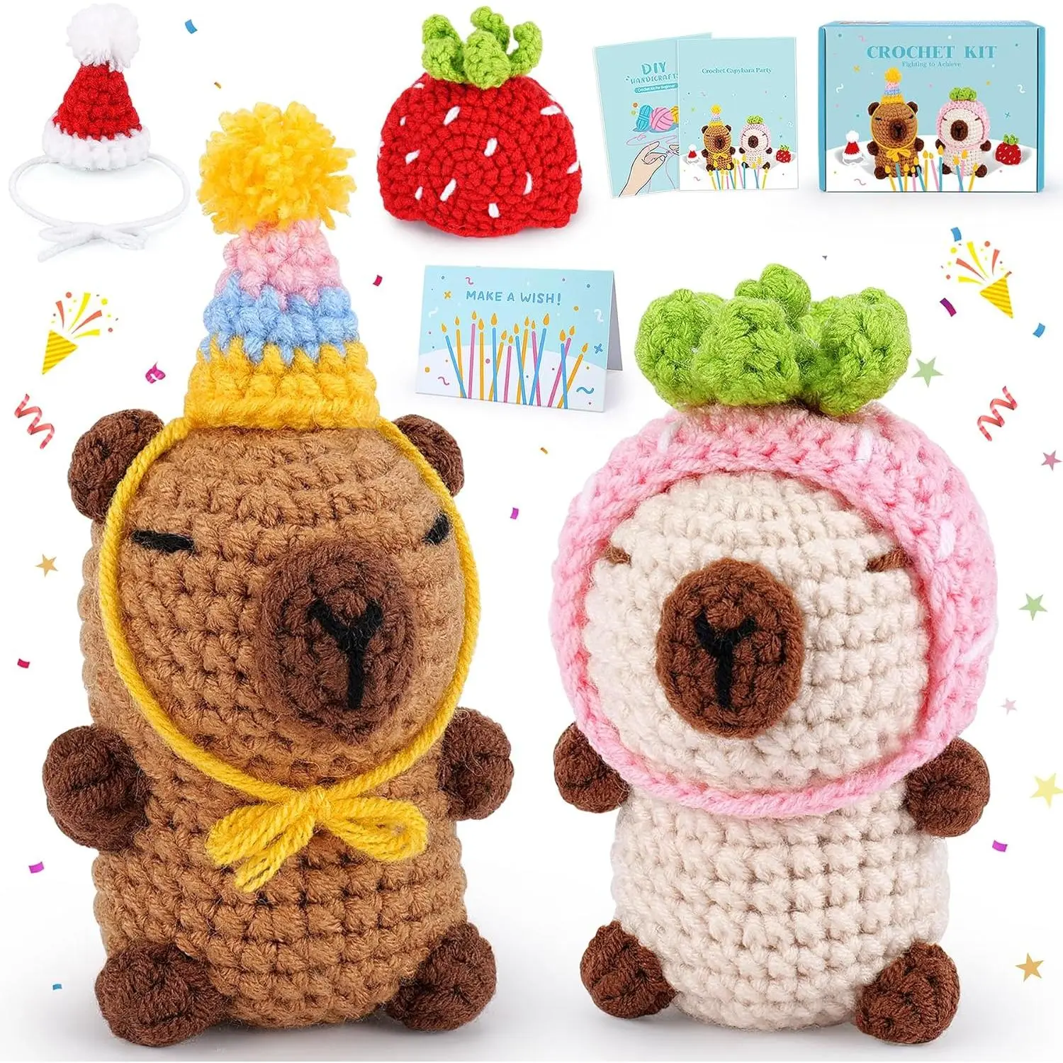 2PCS Brown Beige Capybara Animals Crochet Kit for Beginner Adult, with Step-by-Step Video Tutorials, Stuffed Animal Knitting Crocheting Kit for Birthday Capybara Party