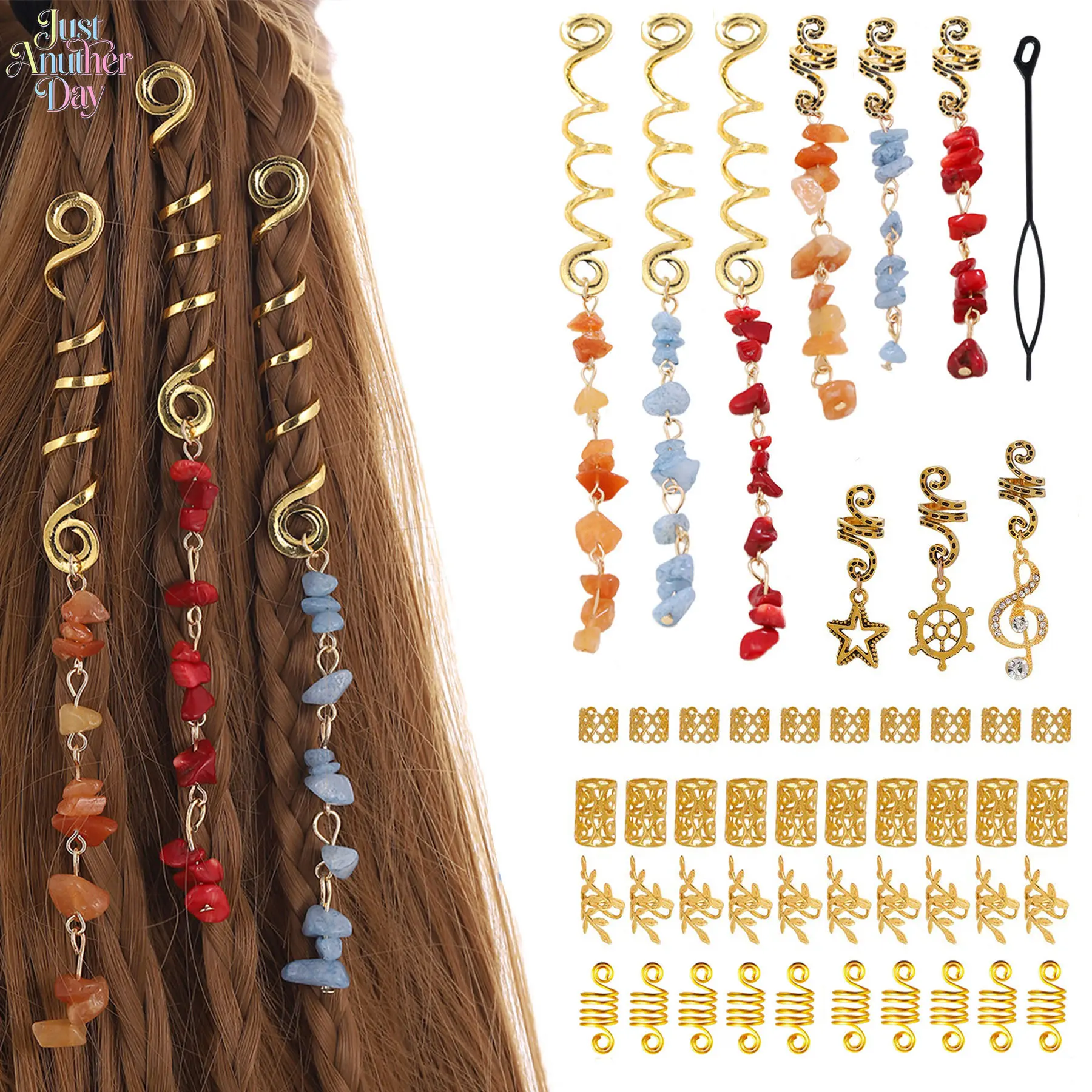 Boho Dreadlock Hair Accessories Kit, Including Gold Spiral Coils, Filigree Hair Cuffs, Evil Eye & Natural Stone Charms, Star & Anchor Pendants, Decorative Hair Jewelry for Braids, Twists & Locs