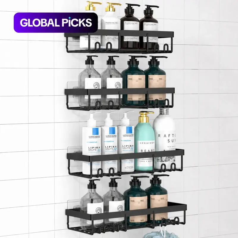 4-Piece Shower Rack Set, No-Drill Rust-Resistant Wall-Mounted Storage, Durable Shower Organizer, Large Capacity, Essential for Bathroom, Kitchen, Home Use #GLOBAL PICKS