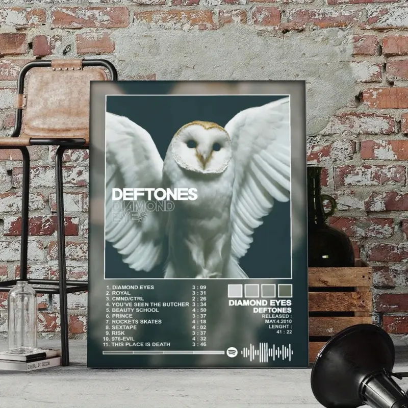 Deftones Diamond Eyes Poster Canvas Wall Art White Owl Portrait Album Tracklist Layout Design Print Alternative Metal Rock Band Wall Decor for Dorm Room Music Studio Bedroom Unframed Hanging Canvas Wall Paintings Bedroom Aesthetic Canvas Print