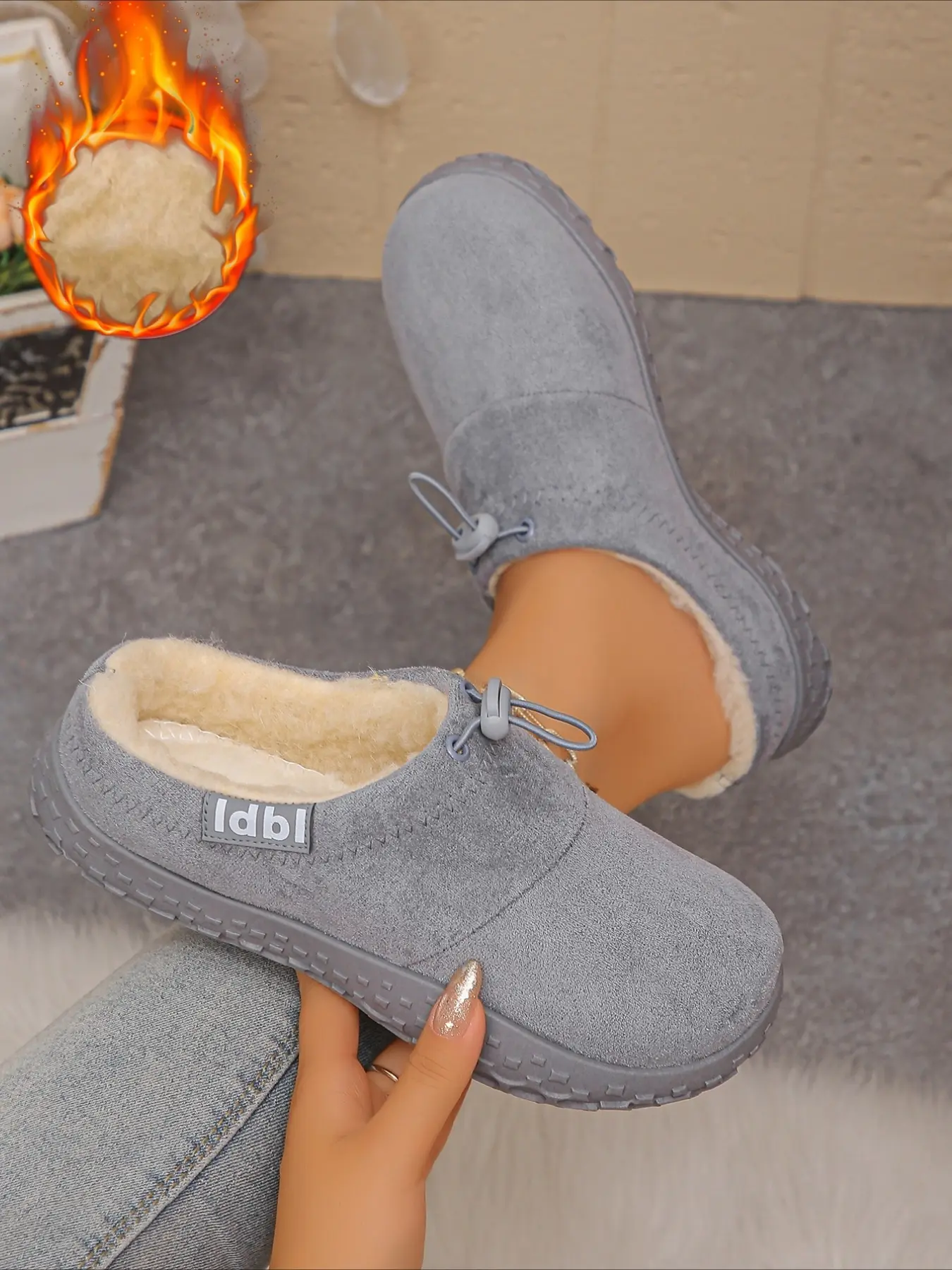Adjustable drawstring mule slippers with plush lining, non‑slip wear‑resistant sole, multi‑color, warm women shoes for indoor and outdoor use, Indoor Footwear