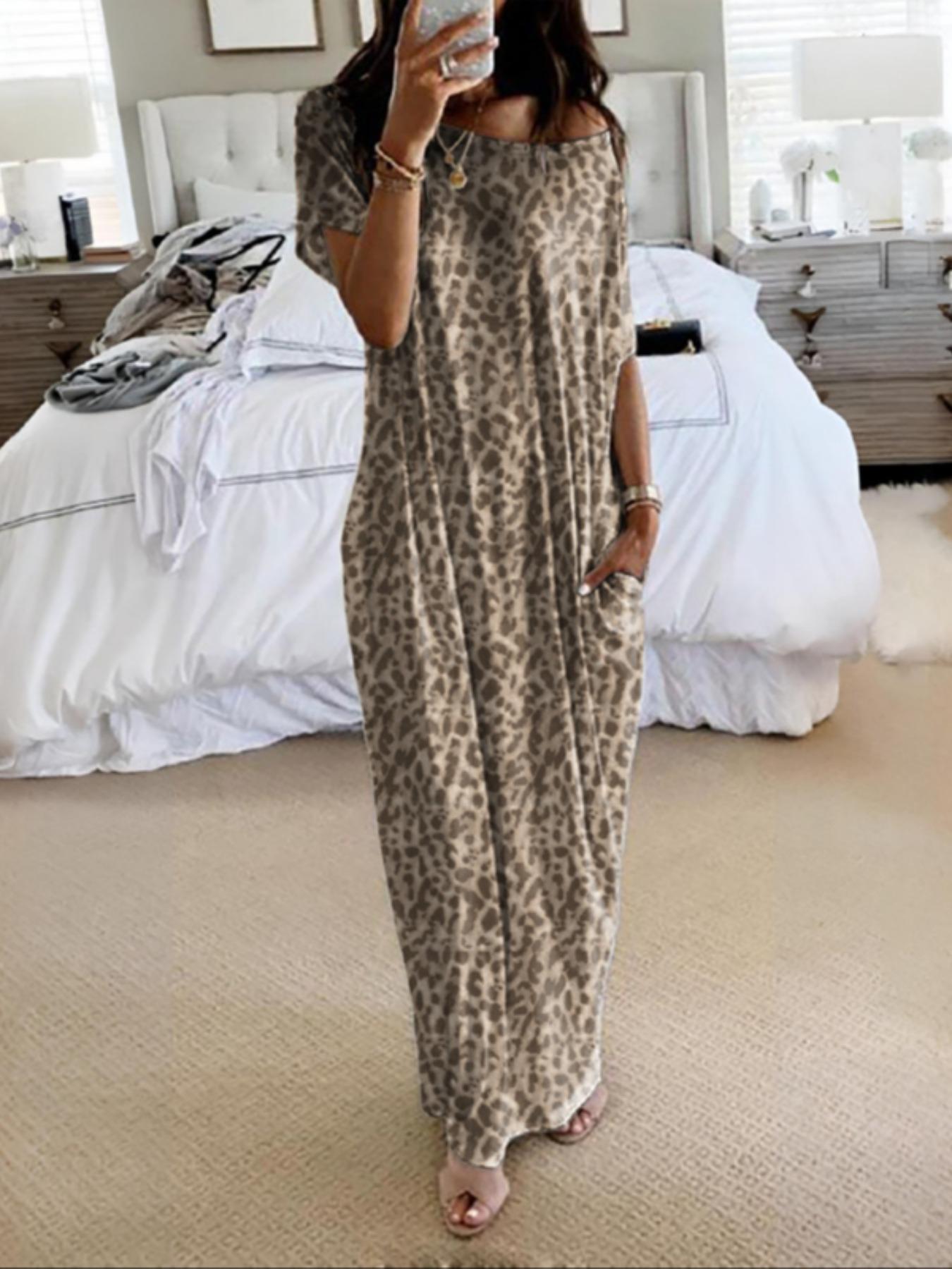 Women's Loose-Fit Casual Soft Dress, Round Neck Short Sleeve Comfortable Everyday Home Wear, Elegant Victorian Style for Fall Winter Season