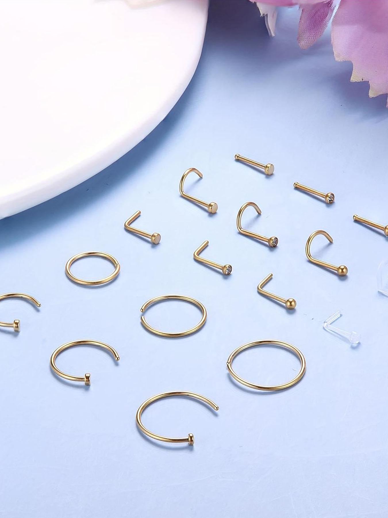 18pcs Stainless Steel Nose Ring, Nose Rings for Women & Men, Nose Cuff Rings, Transparent Nose Rings for Daily Wear, Trendy All-match & Exquisite Jewelry, Nose Piercing Jewelry for Birthday Gift