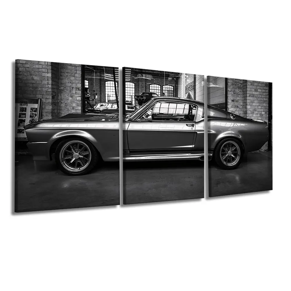 3 Pcs/Set Wooden-Framed Canvas Painting, Black White Vintage Classic Coupe Garage Brick Wall Scene Triptych Art Print for Living Room, Bedroom, Office Decoration, Modern Home Decor, Fashion Artistic Ornaments, Artwork