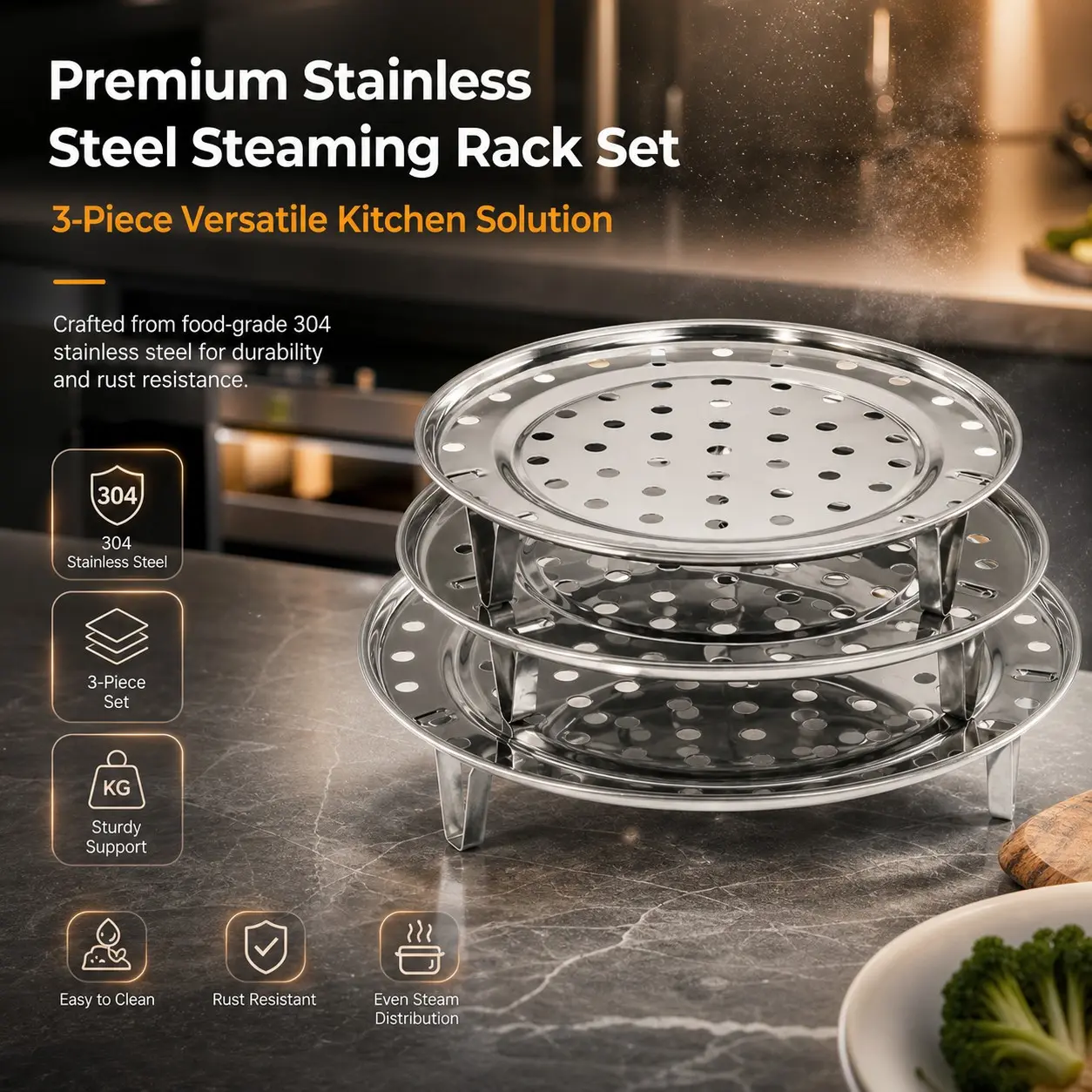 3 Piece Set Food Grade 304 Stainless Steel Steaming Trays, Multi-Size Round Steam Dishes, Rust Resistant, Easy Clean, Fits Soup Pot & Pressure Cooker