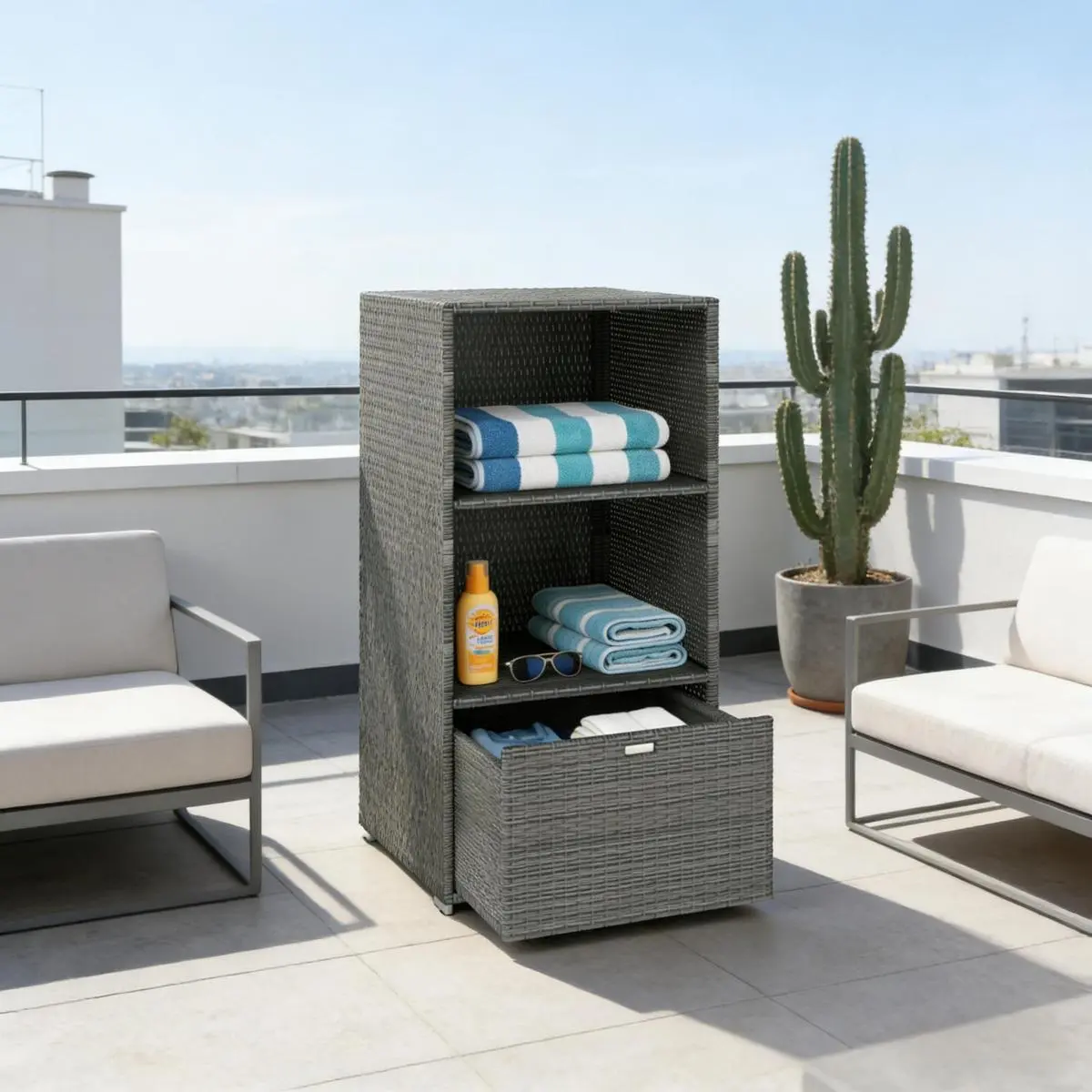 Aobtkel Rattan Wicker Storage Organizer - 2-Shelf Outdoor Furniture Rack for Beachfront Towel Storage