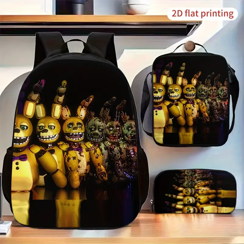 3-Piece Kids Water Resistant Backpack Set, Five Nights at Freddy’s Golden Animatronic Bear Group Dark Black Background Print School Kit Backpack Lunch Bag Pencil Case 600D Oxford FNAF Horror Game Fans Elementary Daily Use