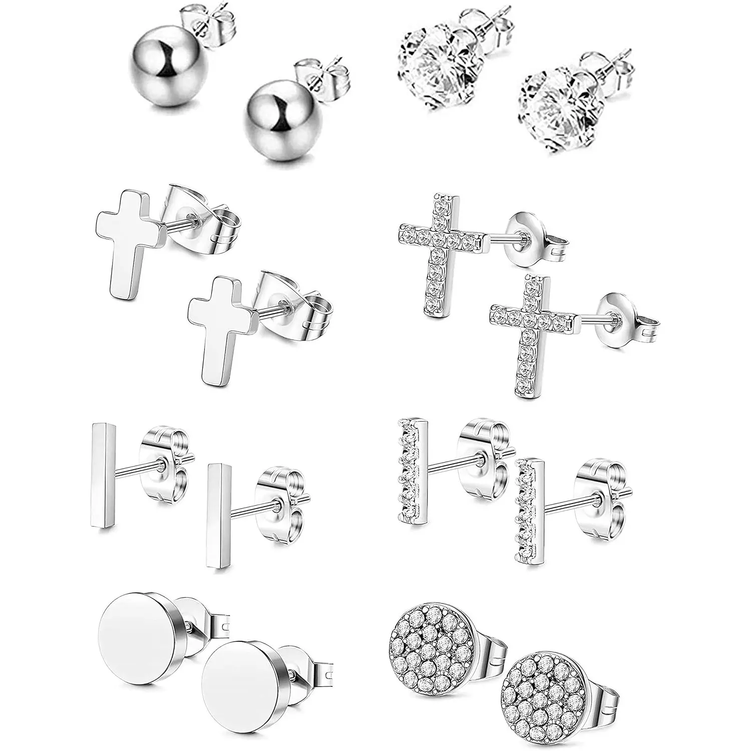 Unisex 8-Pair Minimalist Geometric Stainless Steel CZ Earrings - Cross Motif, Ball Bar Disc Designs for Cartilage, Tragus Piercings, Stackable Daily Wear Jewelry Gift for Women Men