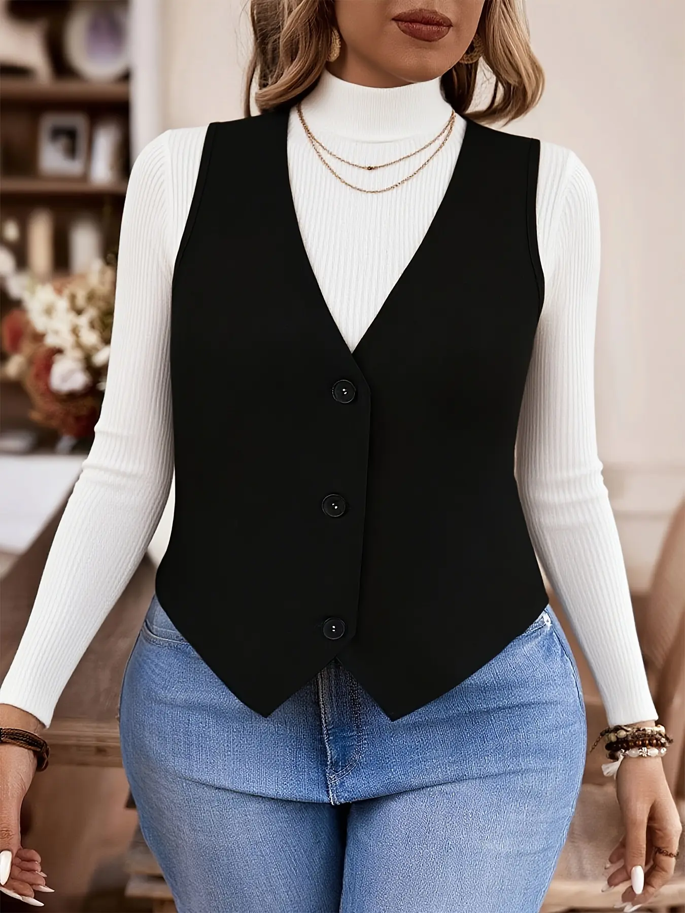 Plus Size Women's Layered Wear Slim Fit Knitted Short Vest Jacket, Casual Fashion Outerwear for Spring & Fall Seasons
