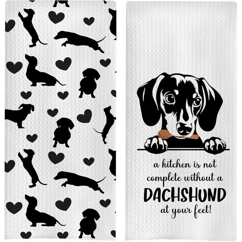 Dachshund-Print Kitchen Towels (Set of 2, 16 x 24 Inches)  Absorbent Waffle-Weave Hand/Dish Towels, Fun Home Decor, Perfect Gift for Dachshund Lovers