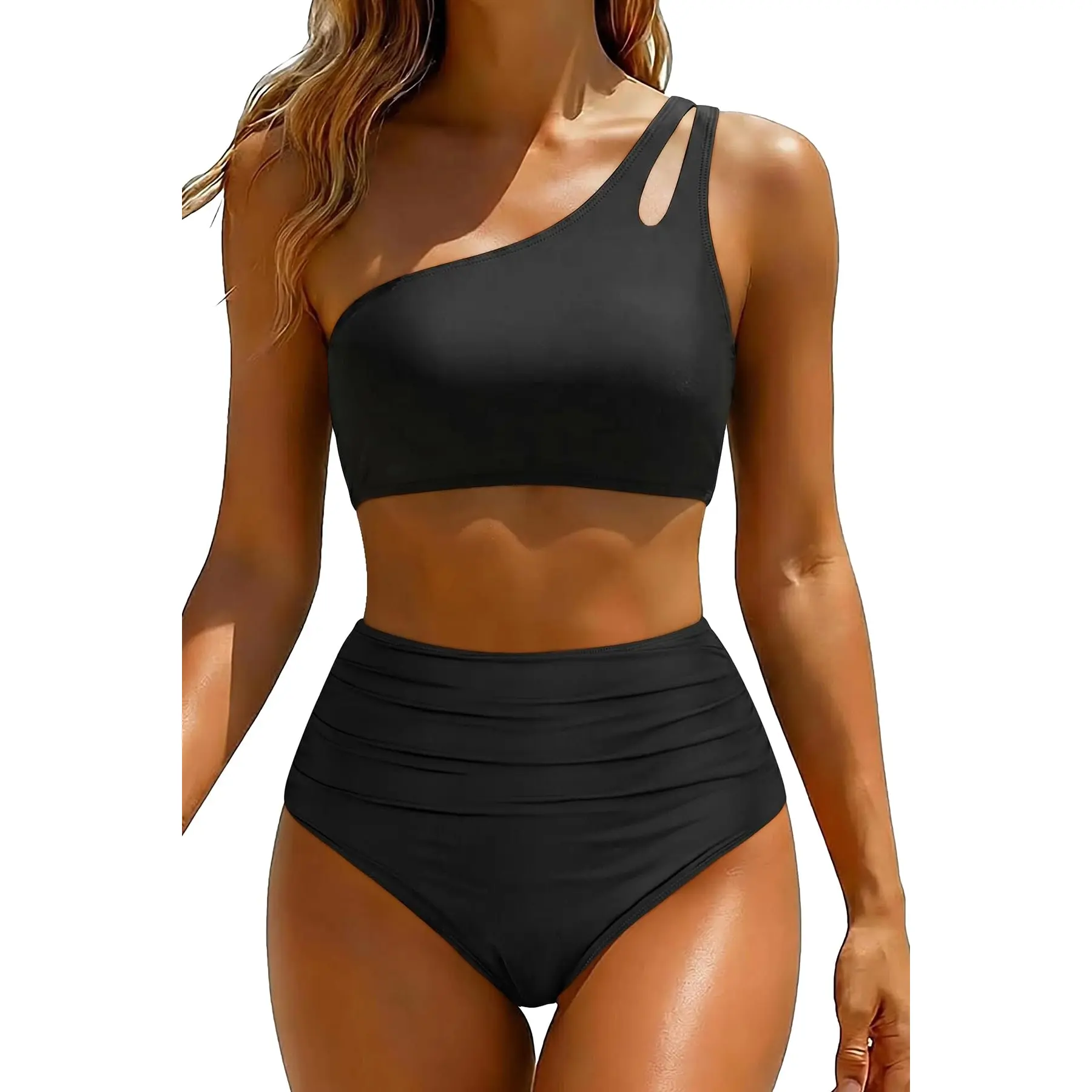Yonique Women High Waisted Bikini - One Shoulder Bathing Suit Tummy Control Two Piece Swimsuit