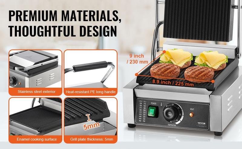 Spring new arrivals Commercial Panini Press Grill Electric Sandwich Maker Griddle Plate 9"x9"