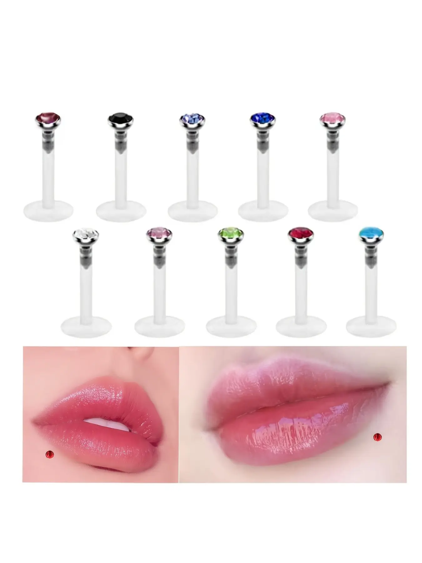 10 Pcs Stainless Steel Rhinestone 16G Lip Rings , Clear Lip Studs Plastic Medusa Labret Studs Cartilage Earring Body Piercing Jewelry For Daily Decoration