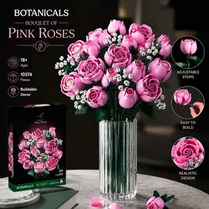 822PCS Pink Roses Flower Building Blocks Rose Bouquet Building Set Artificial Flowers Building Set Building Blocks Home Decor Flower Brick Set Bouquet Building Blocks Set Valentine's Day Gift, Mother's Day Gift, Home Decoration