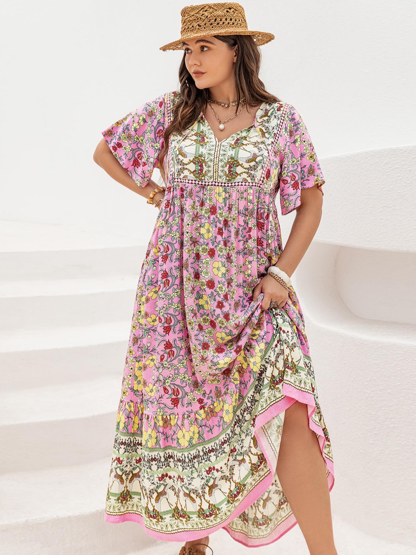 Plus Size Patchwork Floral Print Tie Neck Contrast Lace Ruffle Hem Long Dress, Boho Butterfly Sleeve Smock Dress, Ladies Summer Clothes for Vacation Plus Size Patchwork Floral Print Tie Neck Contrast Lace Ruffle Hem Long Dress, Boho Butterfly Sleeve Smock Dress, Ladies Summer Clothes for Vacation
