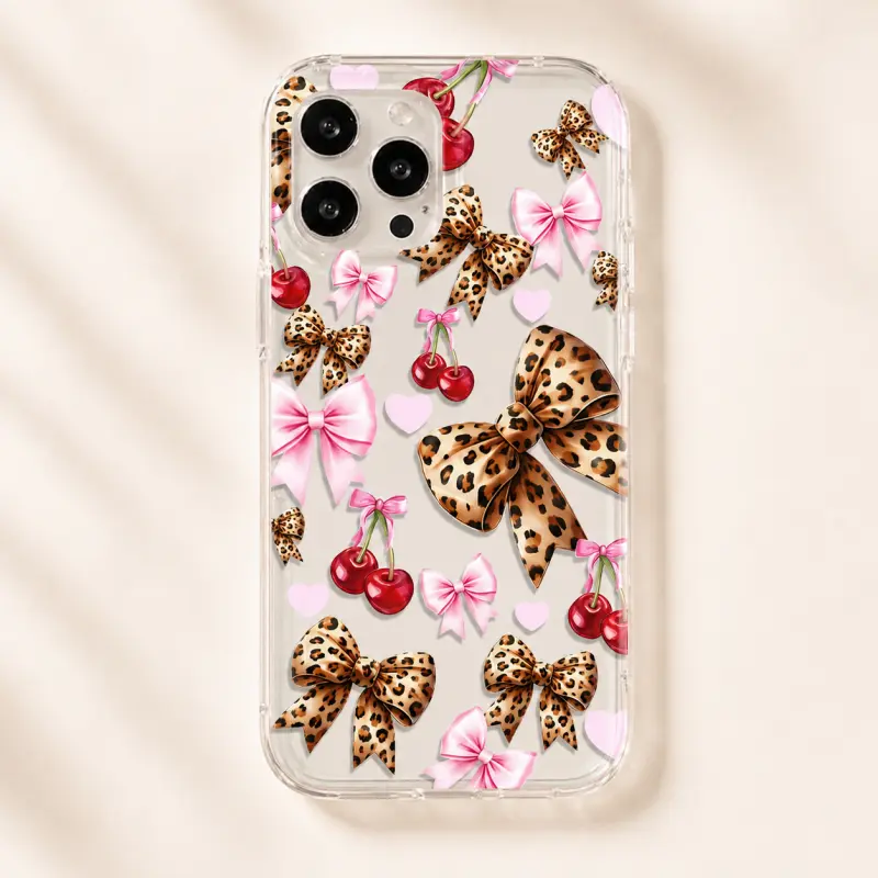 Phone Case - A Stylish Transparent Air Cushion Case With Leopard Print And Cherry Patterns Made Of TPU, Providing Full Protection For Apple Phone 17 Pro Max 16 15 14 Plus 13 12 11 X XS Series, Cute Protective Case,  Ideal Birthday Gift