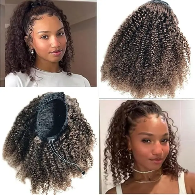 Binf Color #2 Remy Human Hair Clip-In Extensions & Afro Curly Drawstring Ponytail, Quick Weave Human Hair Piece, 10-20 Inches, Ponytail Hairstyles, Drawstring Ponytails