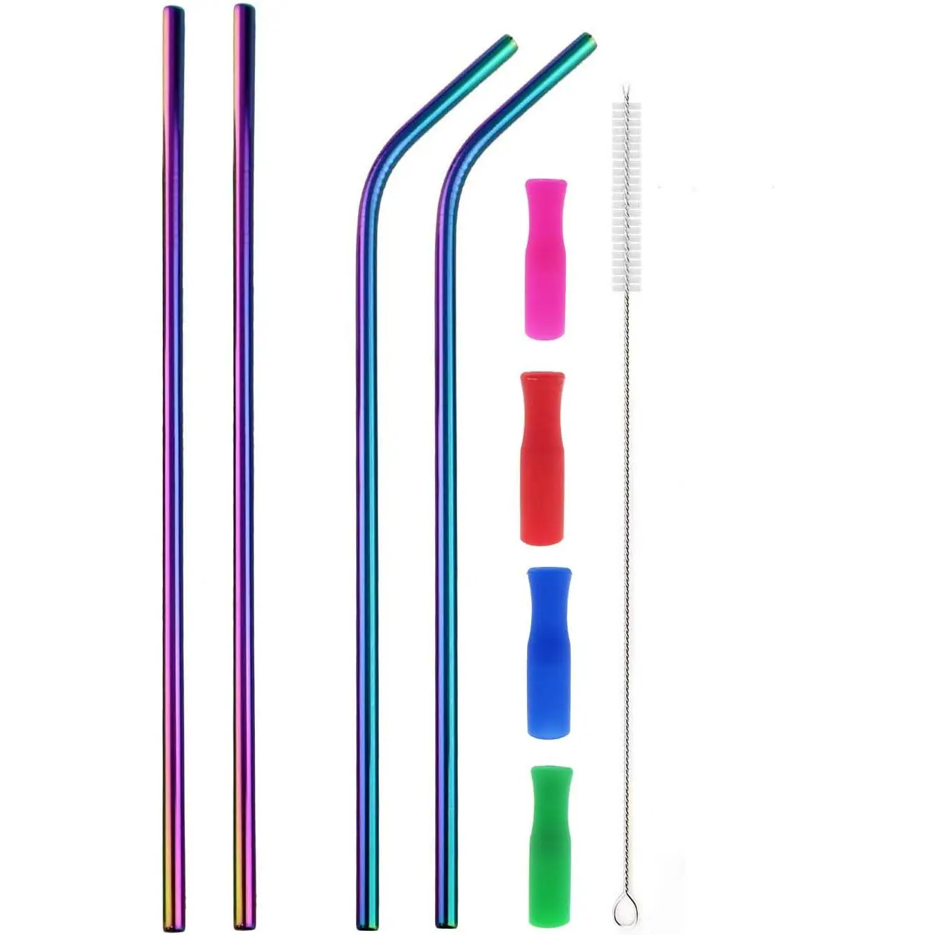 Colorful Stainless Steel Straws, 4 count Ultra Long 12"  Rainbow Color Drinking Straws with  Tips and Cleaning Brush