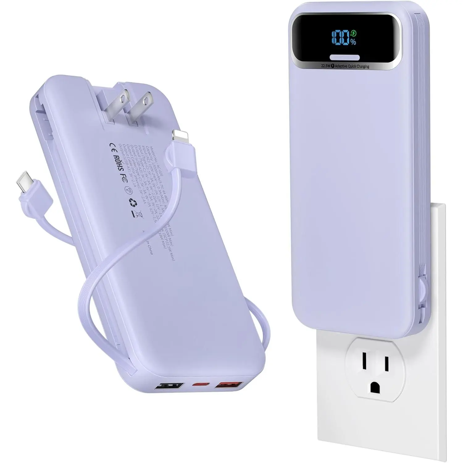 12000mAh Lightweight Portable Power Bank with Built-in Cables, AC Wall Plug, PD20W USB-C Fast Charging, LED Display - Camping Hiking Sports Outdoor Digital Device Accessory for Smartphones (iPhone, Samsung, Android)