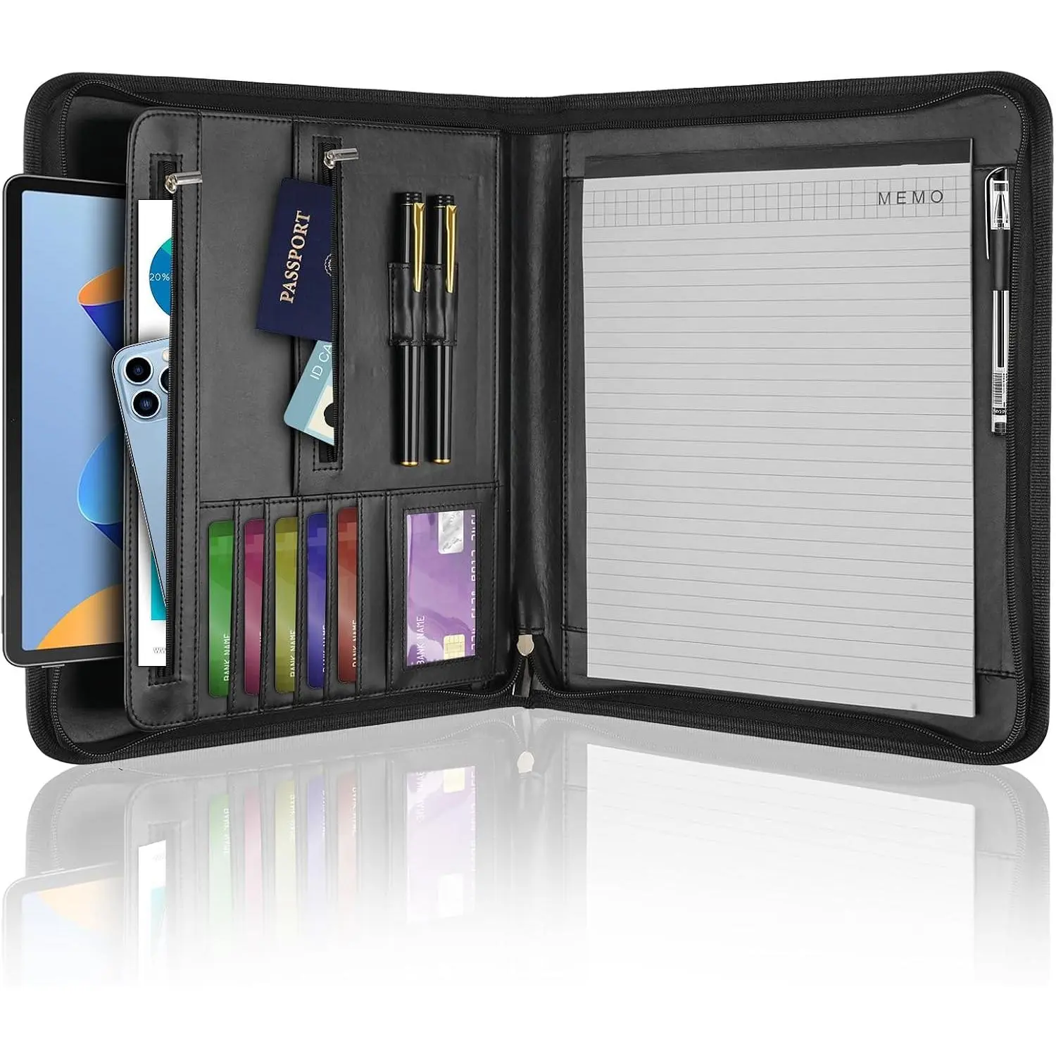 Faux Leather Padfolio Portfolio Binder Organizer with Zipper for Men Women | 25 Pages Notepad 13" Tablet Sleeve, for Letter Size A4 Legal Writing Pad Document, Conference Meeting Business Folder