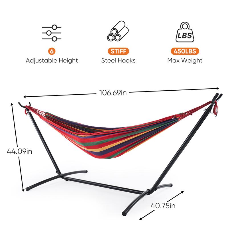 Hammock with Steel Stand and Carrying Bag, Adjustable Height, 450lbs Capacity, Polyester Cotton Fabric, Portable Outdoor Hammock for 2 Adults