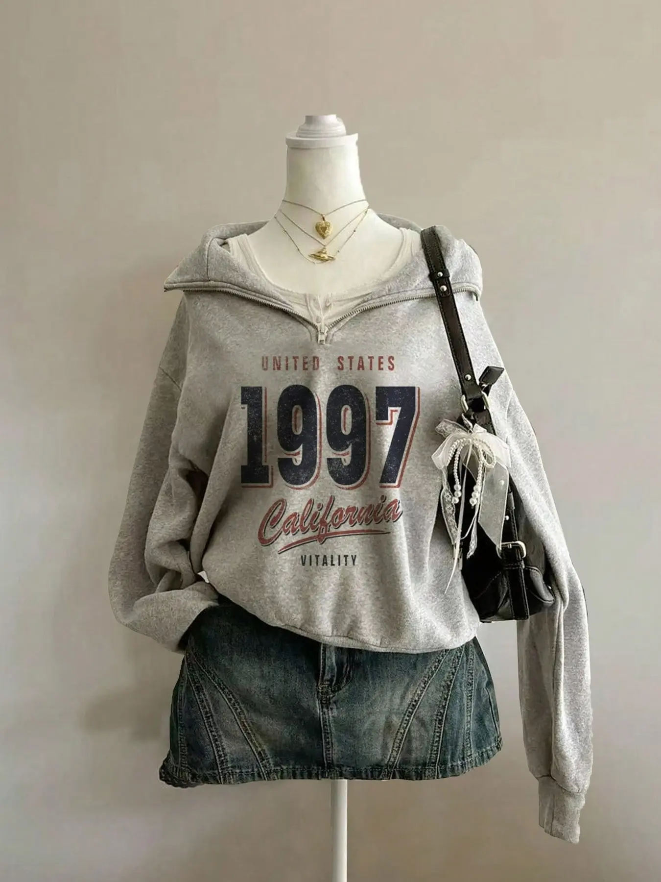 Women's Digital Letter Print Half-Zip Pullover, Thick Long Sleeve Sweatshirt Hoodie, Baggy Drop Shoulder Design, Casual Spring & Fall Fashion