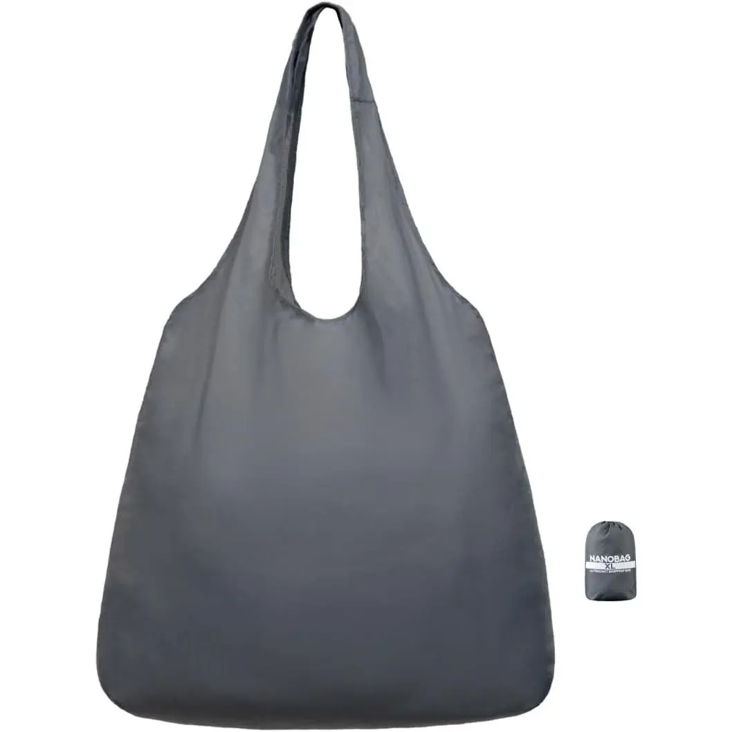 Ultralight Heavy Duty Foldable Tote for Women & Men, Reusable Grocery & Travel Bag, Packable Collapsible Compact Market Essential (XL Gray)