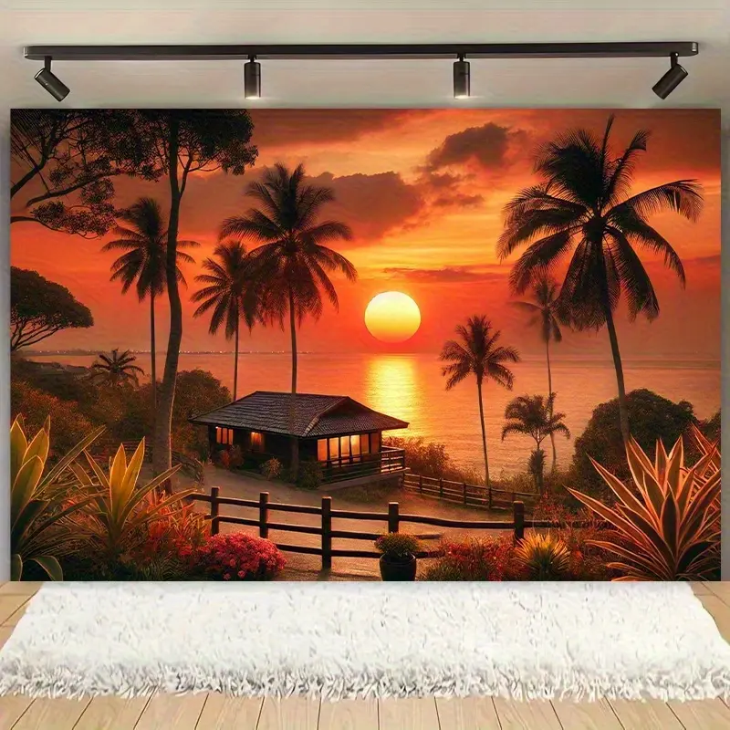 Sunset Beach Scene Tapestry |   Polyester fiber wall decoration, featuring palm trees and a gazebo |   Multifunctional decoration for home, office, and outdoor activities |   Vibrant sunset colors |   No power required, beach-themed decoration