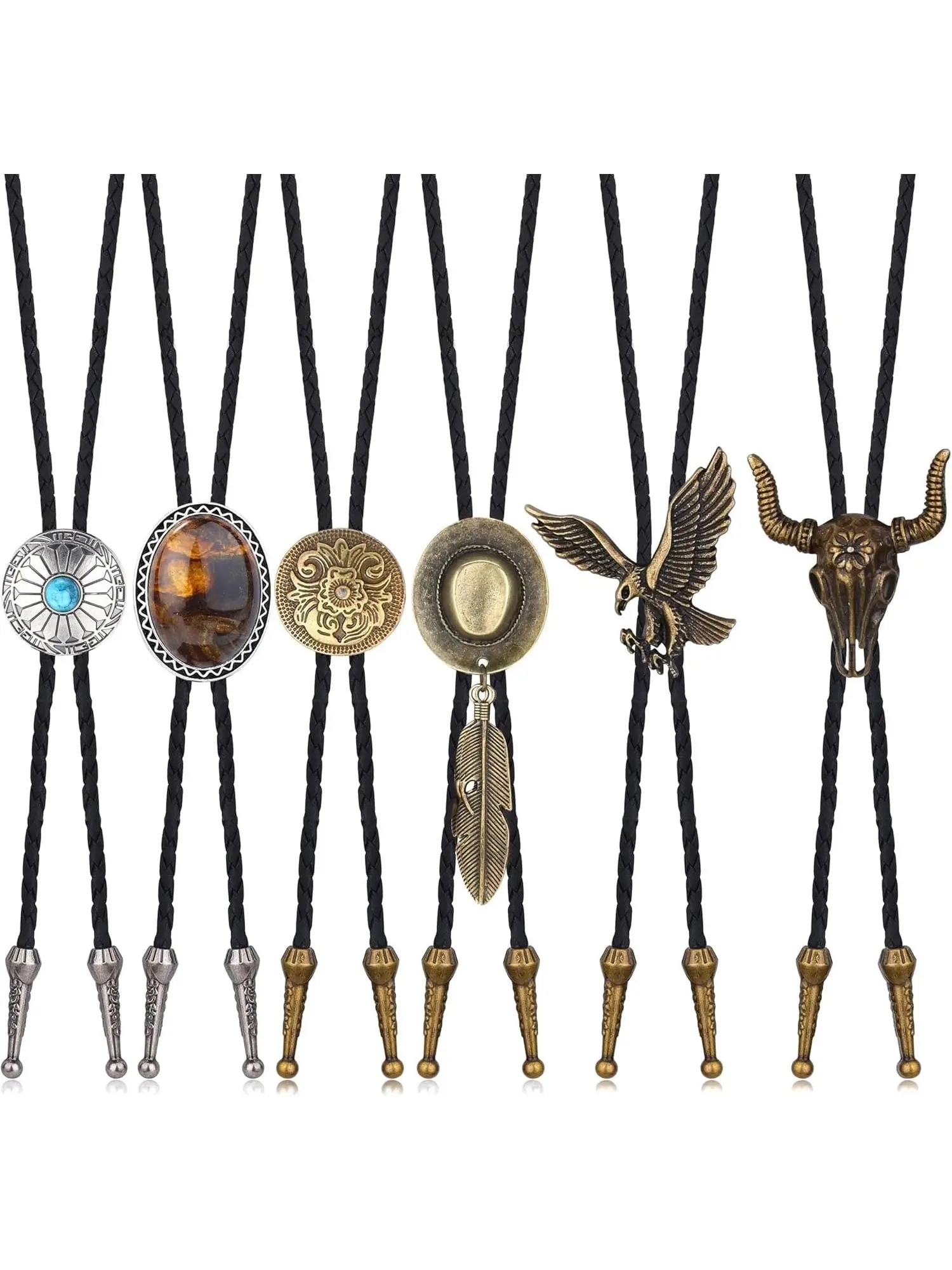 6 Pcs Handmade Bolo Tie for Men, Western Cowboy Leather, Natural Tiger Eye & Turquoise