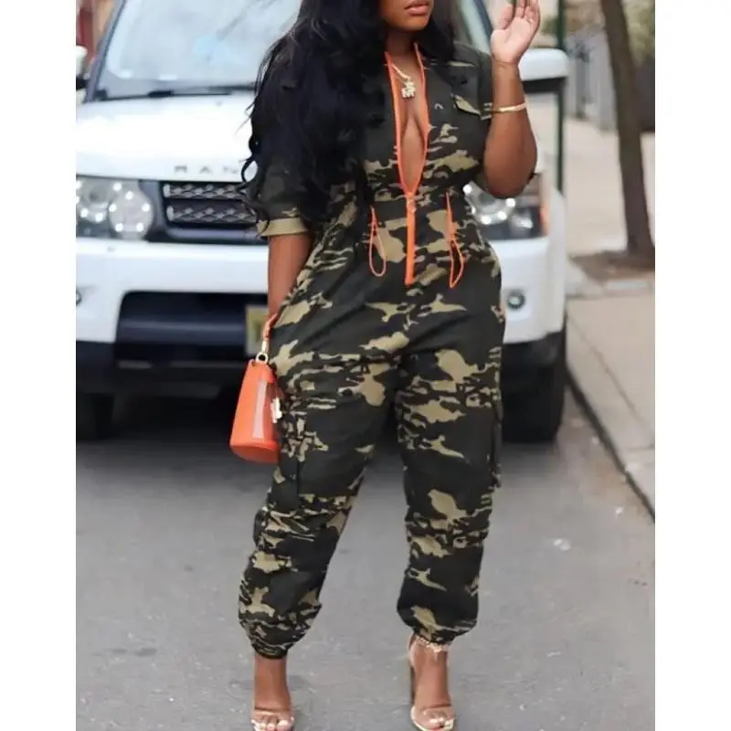 Women's jumpsuit camouflage printed zipper pocket design casual single item jumpsuit women's dress