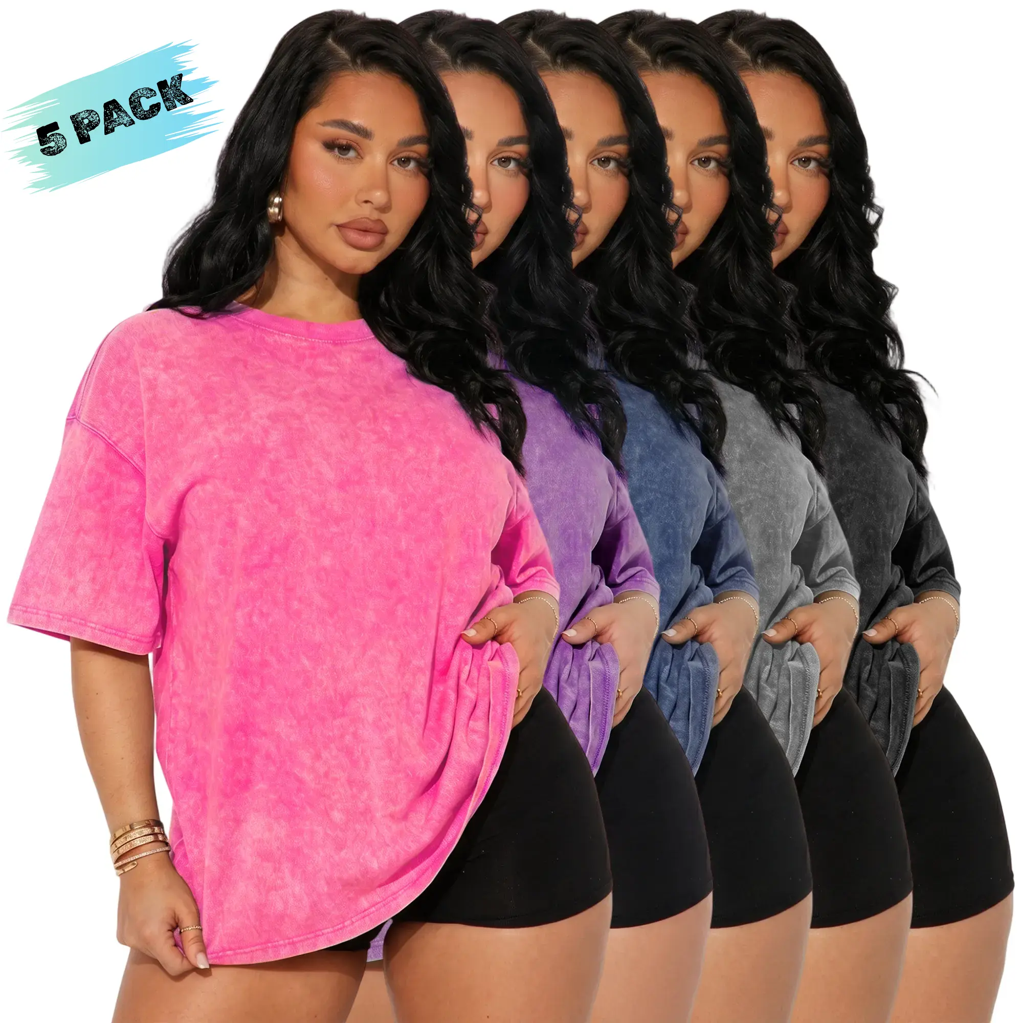 Women’s 5-Pack Plus-Size Pure Cotton Tshirts - Casual, Loose-Fit, Plain, Washed Distressed Vintage Short-Sleeve Crew Neck Drop-Shoulder Tops - Soft, Breathable Summer Basics for Everyday Streetwear