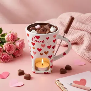 Honeydak Heart Chocolate Fondue Mug with Fork and 3 Candle Sweet Ceramic Personal Chocolate Melting Cup Ideal Couple Mom Gifts Birthday Date Night Birthday Wedding Gifts