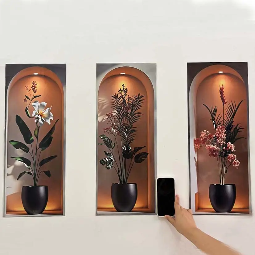 Set of 3 Large 3D Arch Decorative Wall Stickers, Botanical Leaf Decorations, Removable Vinyl Silhouette with Planter, Boho Home Decor