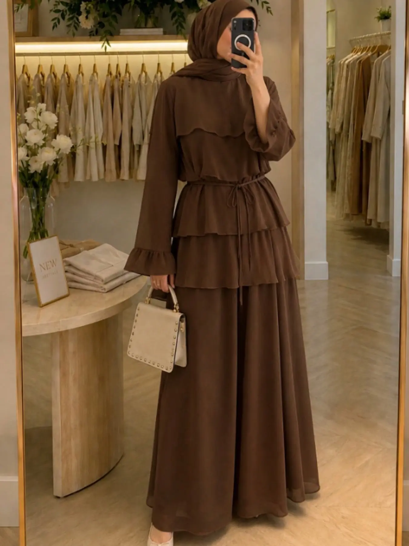 Elegant Middle Eastern Layered Ruffle Hem Long Sleeve Top and Wide Leg Pants Set, Stylish Two-Piece for Women