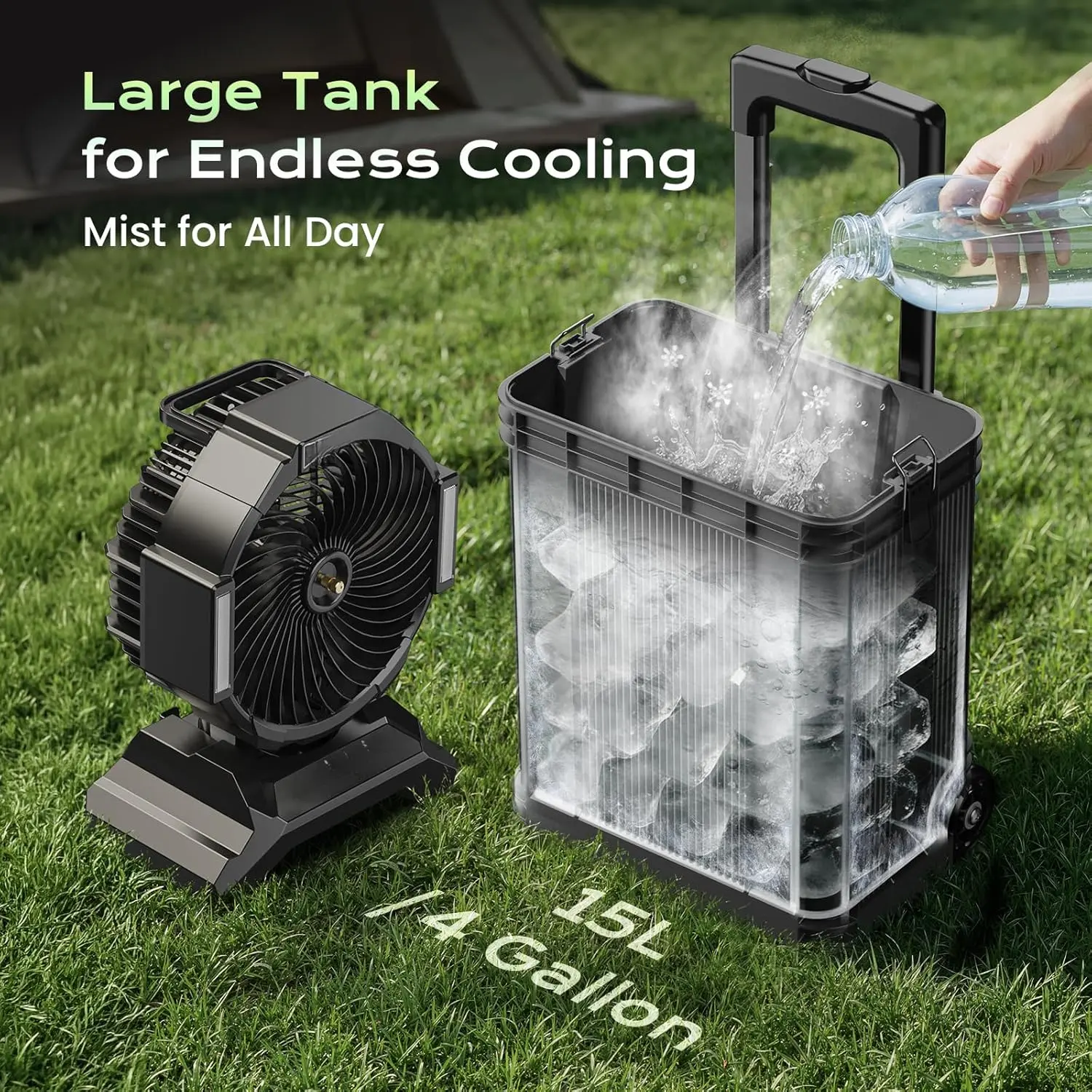 4 Gal Large Misting Bucket Fan Portable, 40000mAh Rechargeable Mister Fan with Retractable Handle & Oscillating Camping Fan for Patio/Beach/Fishing/Golf/Travel Essentials