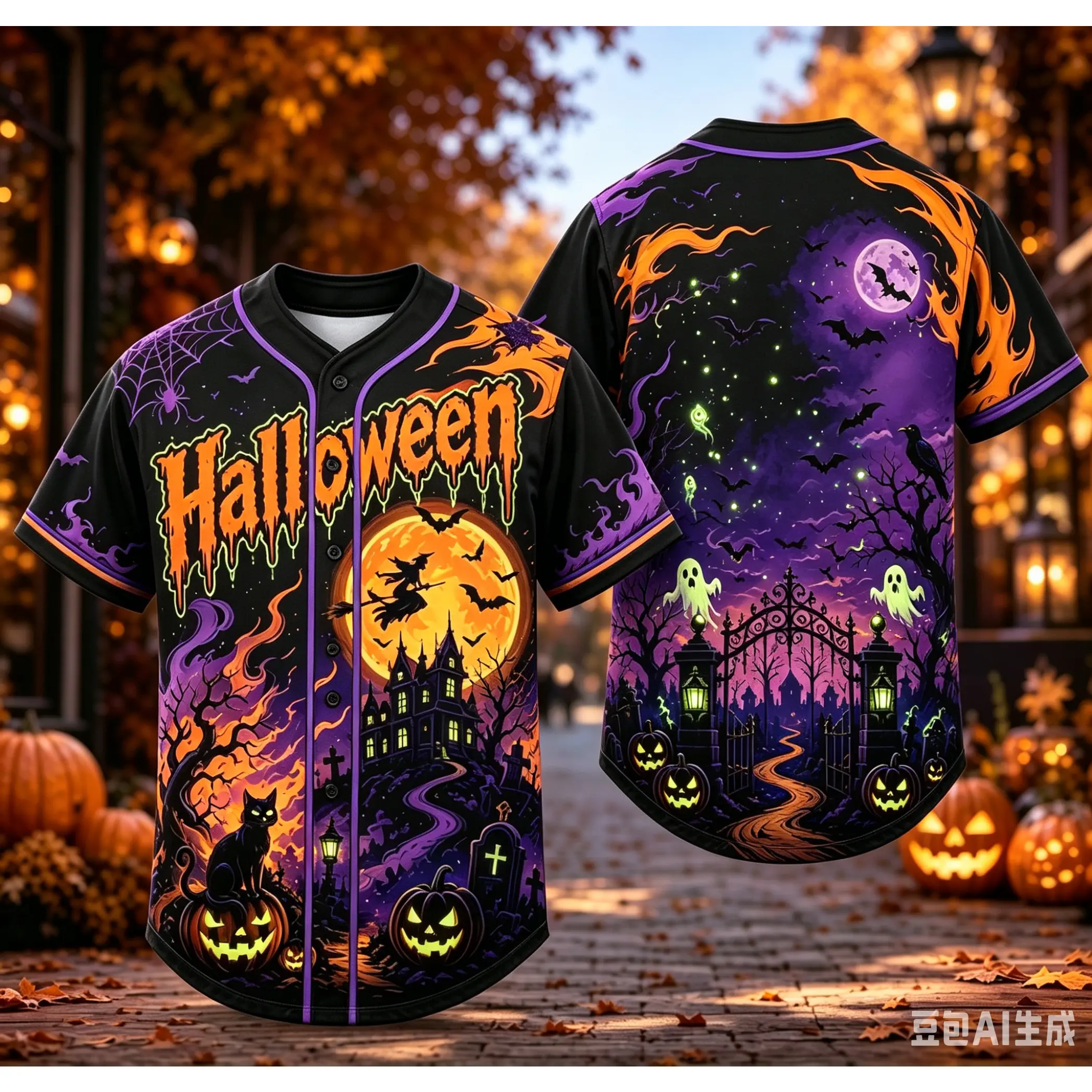 Halloween Short-Sleeve Baseball Jersey - Haunted Print, Pumpkin Theme, Haunted House Team Shirt, Trick-or-Treat Family Gift