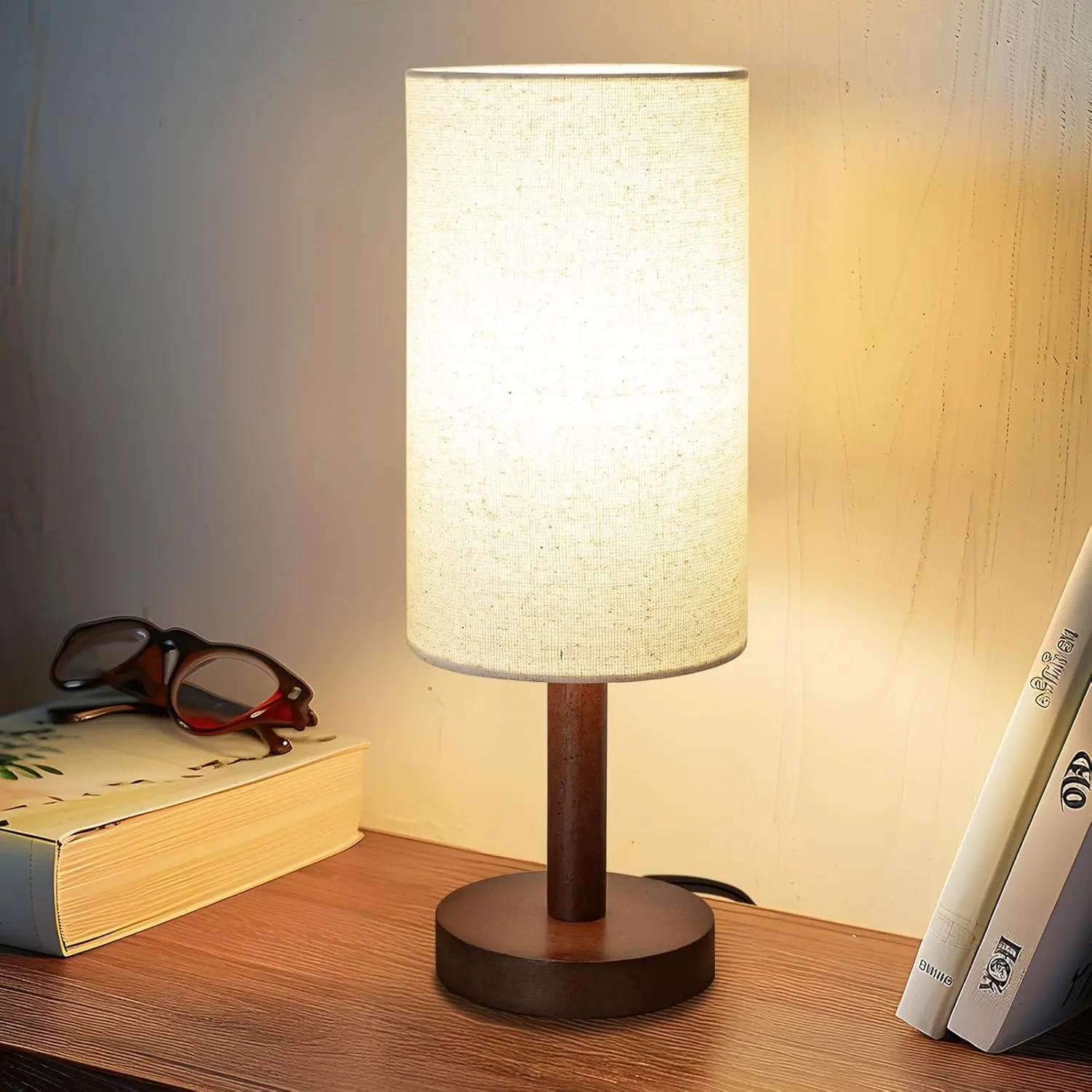 Minimalist Wooden Slide Small Table Lamp with Linen Lampshade, LED Light Included, Black-Walnut Base for Bedroom Nightstand Reading (Bra Accessory Compatible), Table Lamps, Farmhouse, Warm