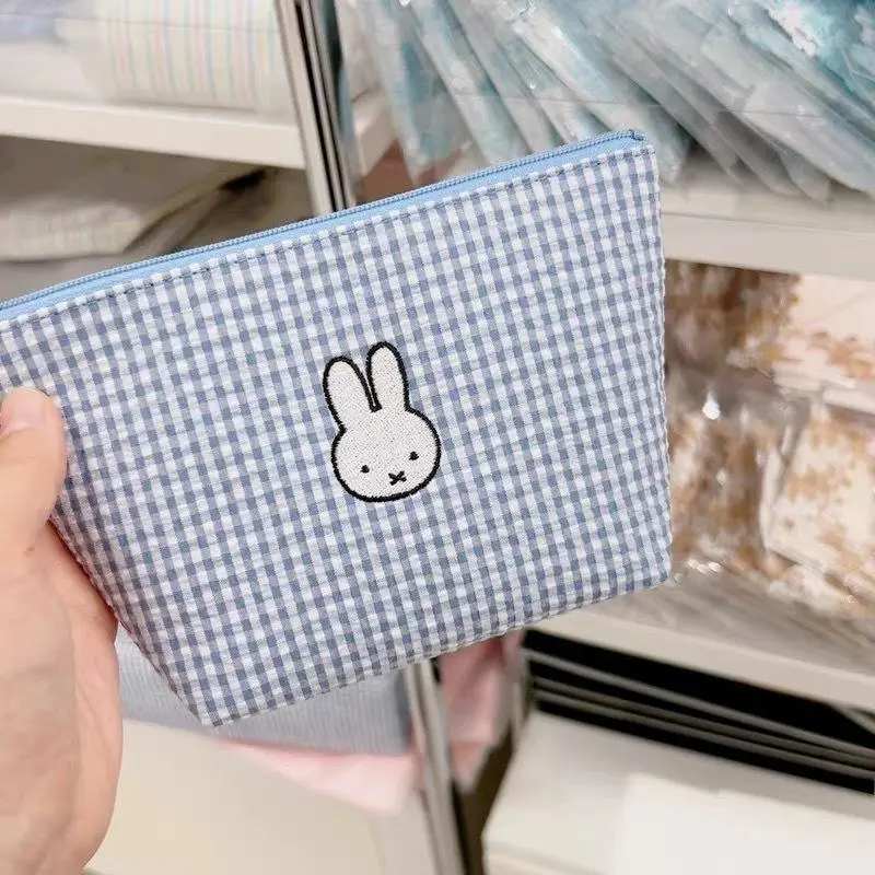 Kawaii Miffy Makeup Bag Cute Cartoon Miffy Embroidered Pattern Striped Makeup Bag with Tissue and Change Storage Interior
