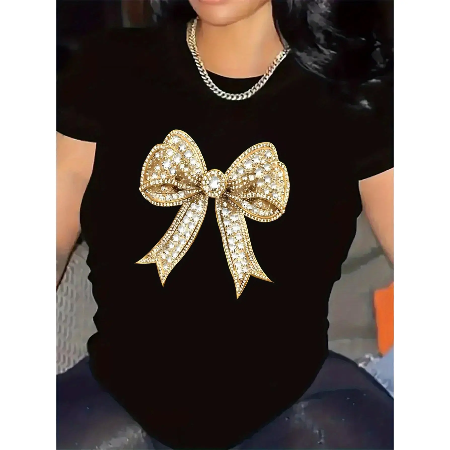 Women's Rhinestone Bow & Letter Print T-Shirt, Chic Short Sleeve Crew Neck Cotton Top for Casual and Party Wear, Letters, Cotton Knit, Alphabet Print, Graphic, Rhinestone Detailing Women's T-Shirts, Machine Washable, Do Not Dry Clean, Normal Type, Plus Si