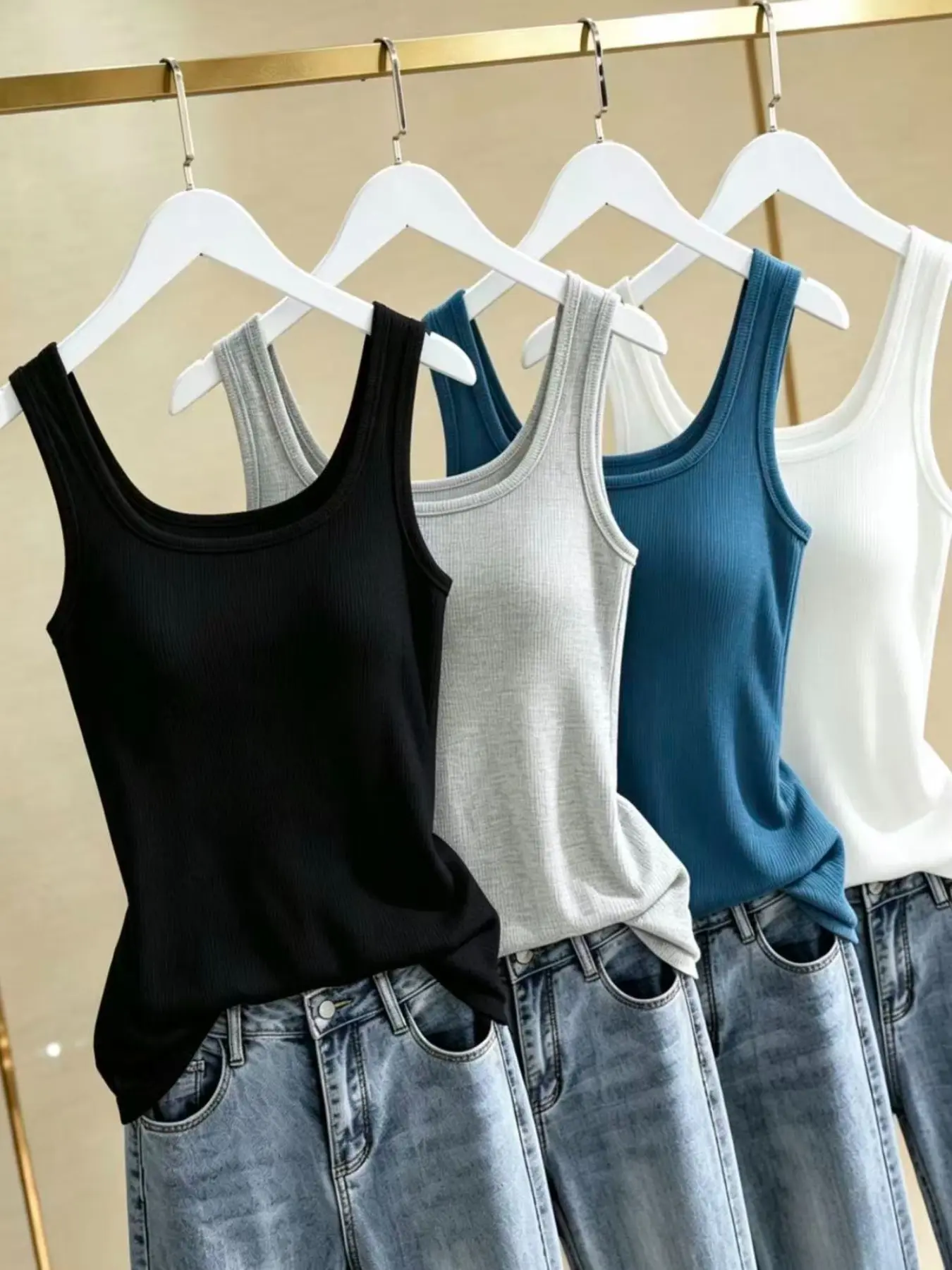 4-Pack Women's Casual High-Elastic Solid Color Ribbed Tank Tops, Breathable Summer Top, Cool Knit Vest, Multi-Functional Layering Piece