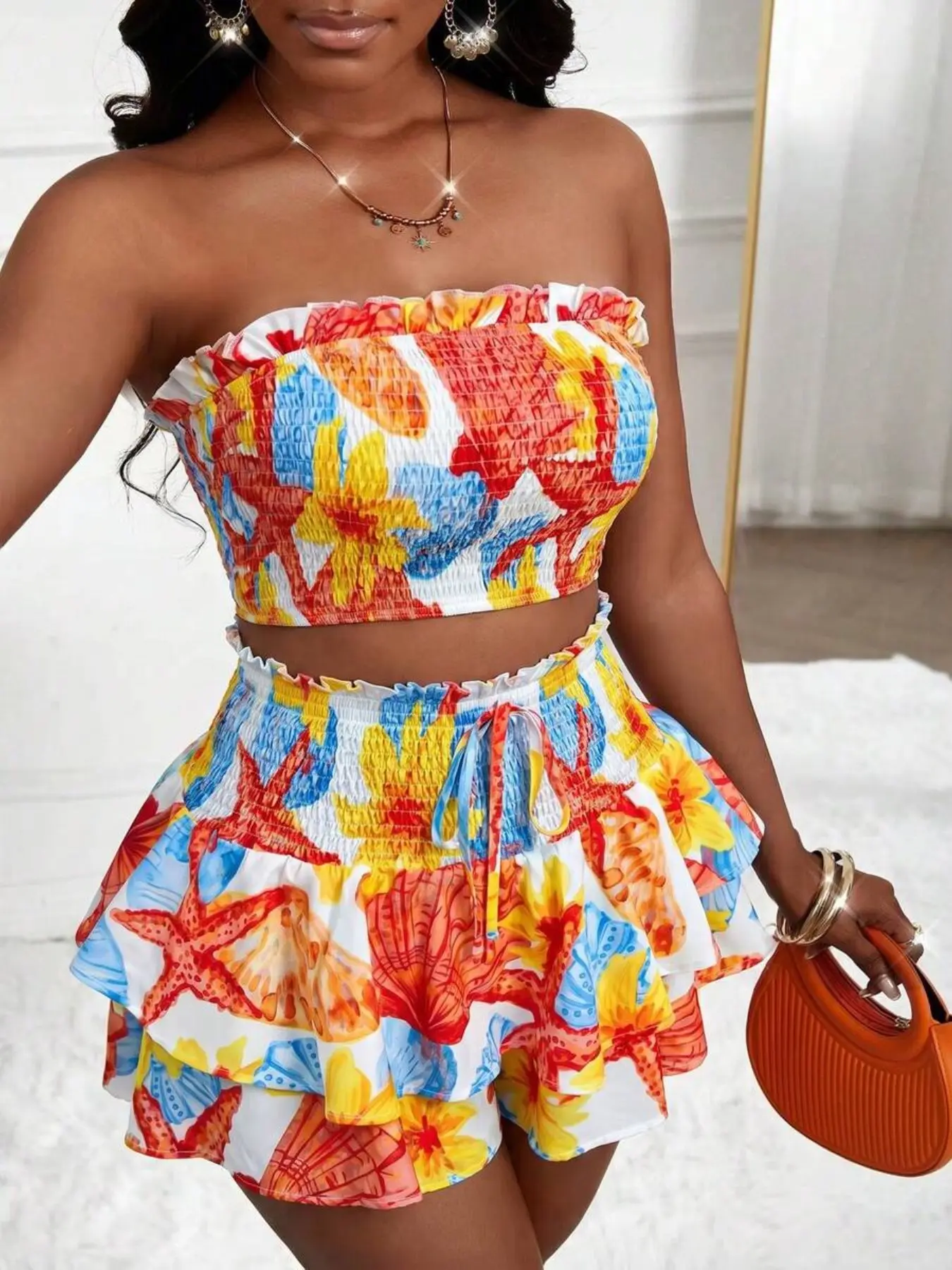 2-Piece Women's Summer Casual Striped Print Tube Top and Mini Skirt Set, Elegant Slim-fitting Set