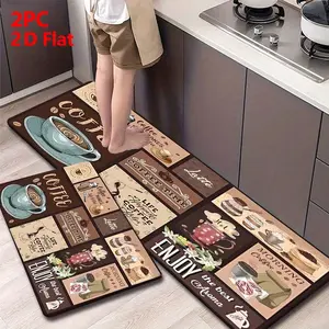 2/3pcs Flannel Kitchen Mat Set, Coffee Theme Retro Patchwork Design, Non-Slip, Absorbent, Ideal for Kitchen, Bathroom, Laundry Room, Hallway