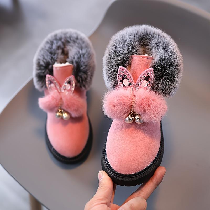 [Warm Snow Boots] Winter Warm Girls' Snow Boots |         Plush Faux Fur Trim & Sparkling Bows - Thickened Velvet-Lined First Walker Shoes, Round Toe, Red/Pink/Black