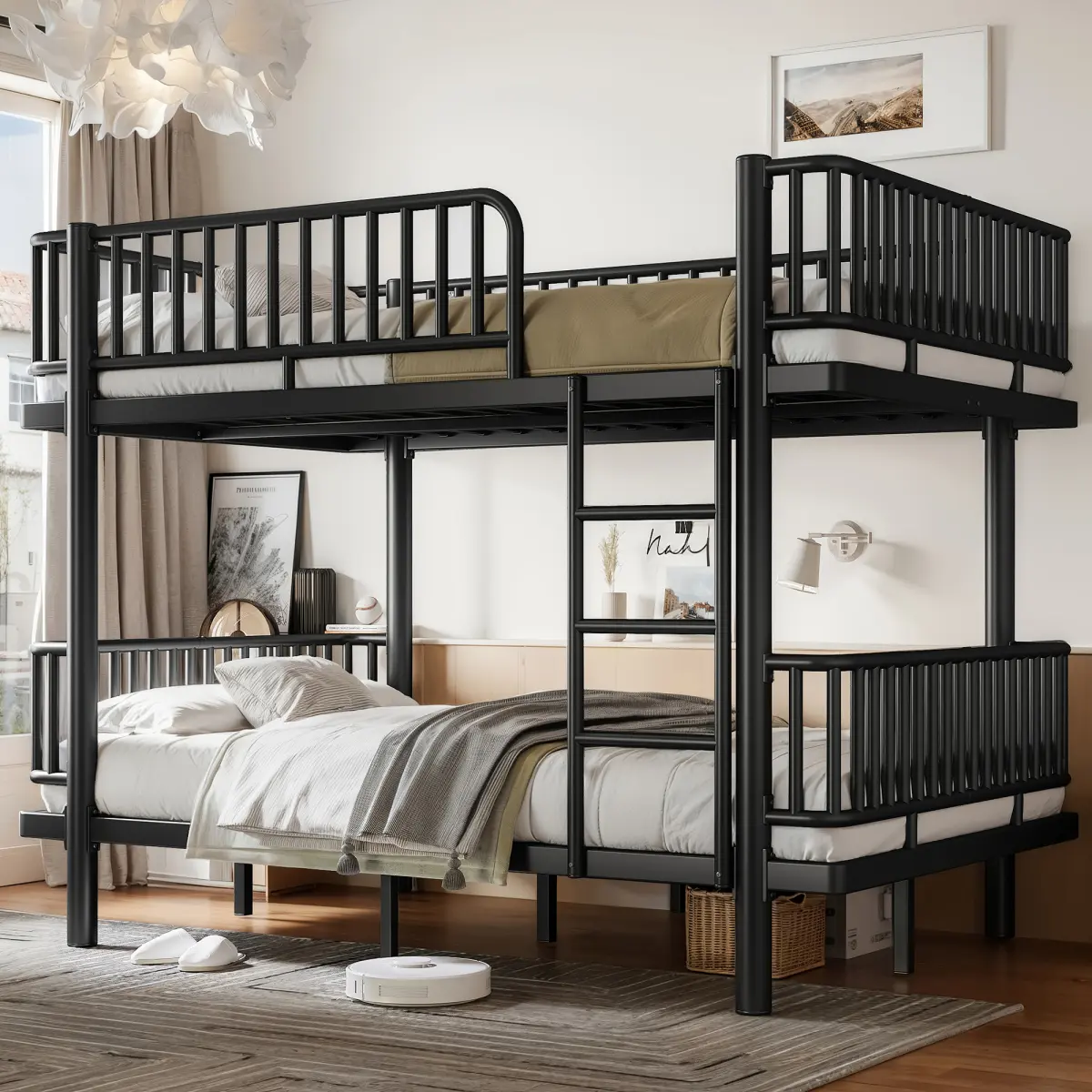 Full over Full Bunk Bed with Ladders & Guardrails, Metal Bunk Bed Frame with Upgraded Safety Round-Pipe Design, Can Transformed into 2 Platform Bed, Black