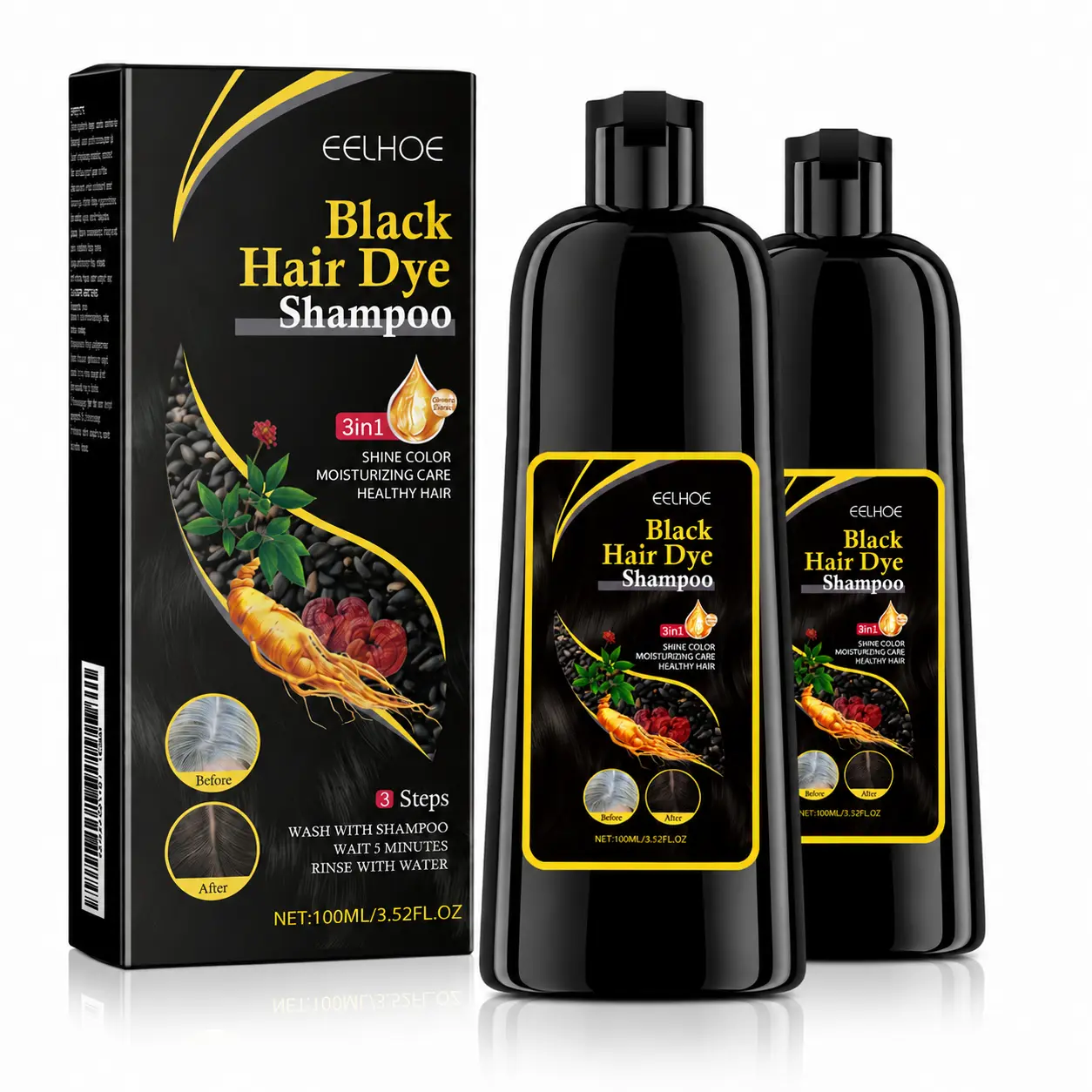 EELHOE Polygonum Multiflorum & Ginseng Extract Foam Hair Color Shampoo - Natural Extract Shampoo for Cleansing, Moisturizing, Anti-Hair Loss, Repair, Smooth Shiny Finish