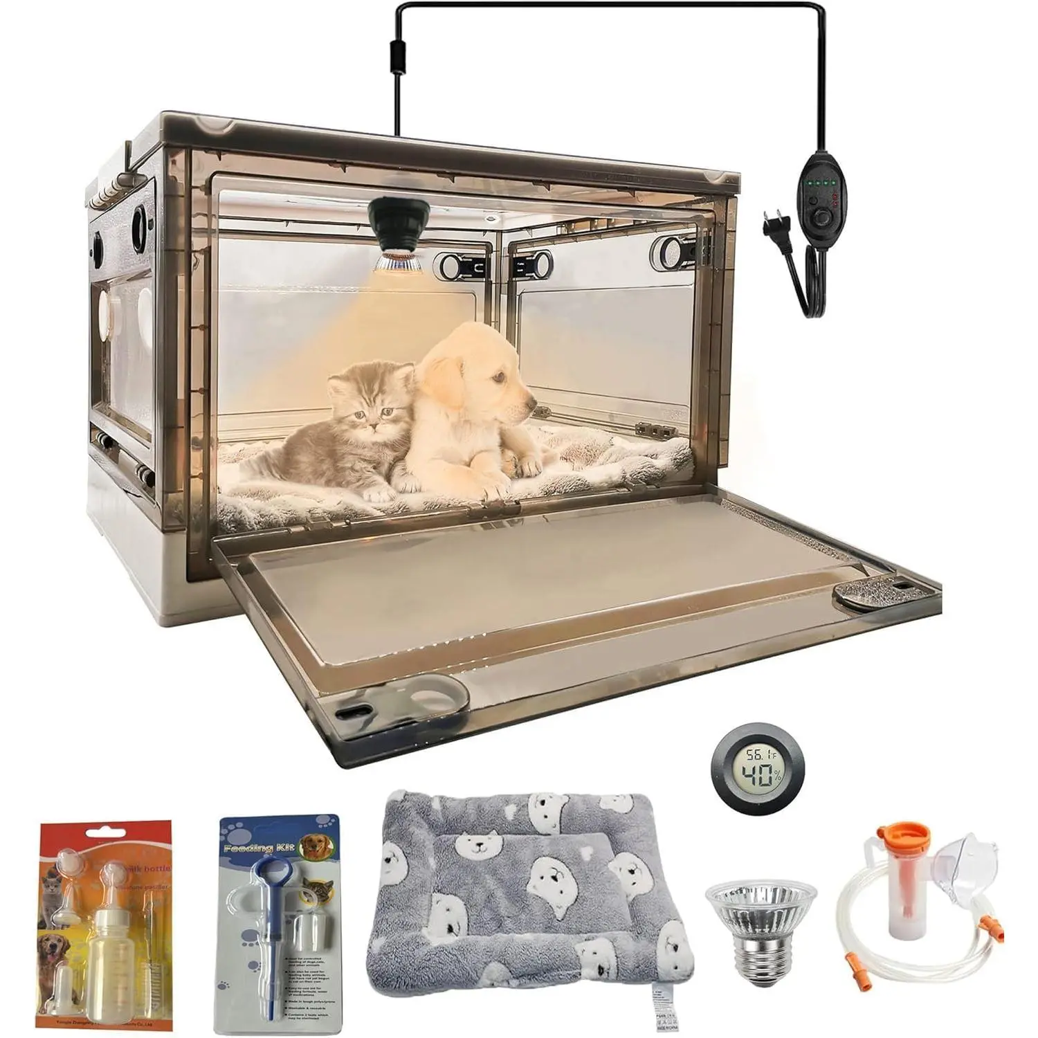 55L Large Heated Puppy Incubator Brooder Nursery for Kitten with Pet Bed Mat, Pet Medicine Feeder, Temperature Detection and Nebulization Kit