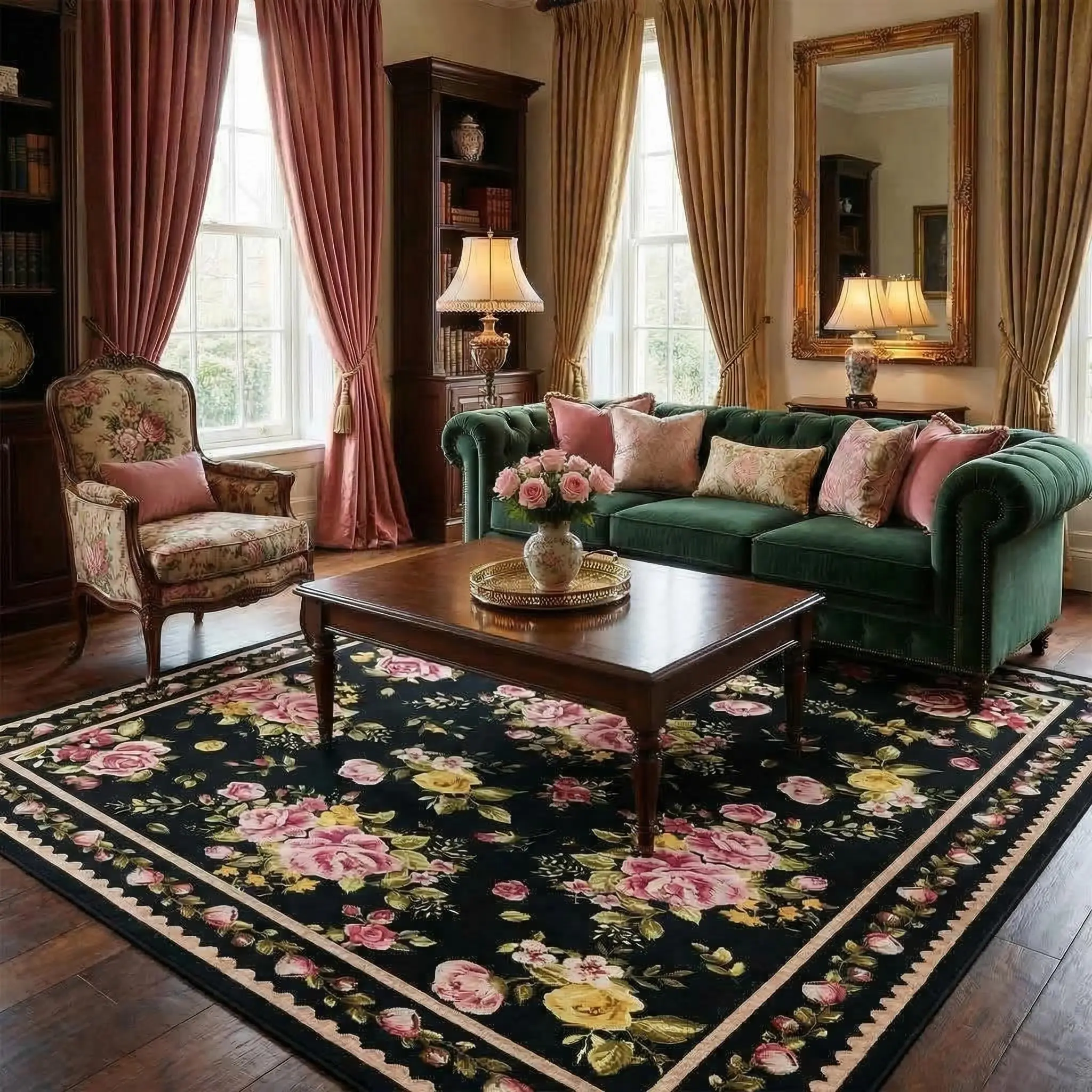 Modern Romantic Rose Rug Living Room Washable Soft Non Slip Carpet For Bedroom Floral Pattern Pastoral Home Decor Pet Friendly Mat Kitchen Hallway Cottagecore Runner Rugs Low Pile Area Rug For Apartment Farmhouse Porch
