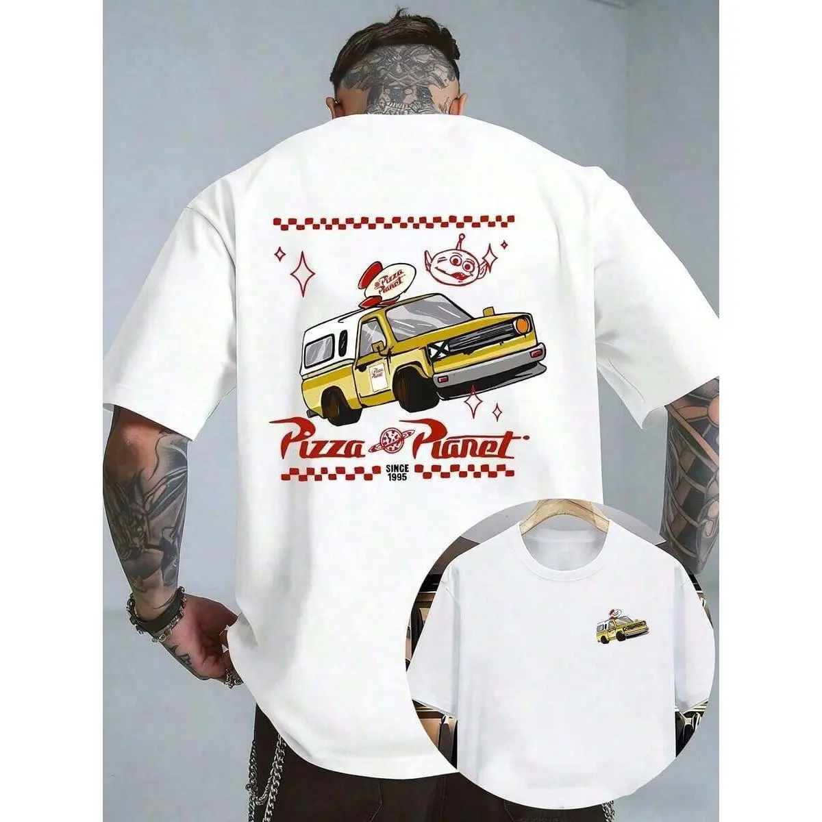 100% Cotton Unisex Round Neck Tee, Double Sided Pizza Planet Alien Truck Graphic Loose Top, Vintage Cartoon Toy Story Print For Men Women, Ideal Daily Street Casual Wear, Great Birthday Holiday Gift For Cartoon Movie Fans, Soft Breathable